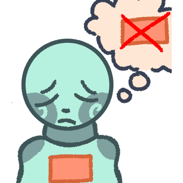 a light cyan person with a coral rectangle on their chest. Next to them is a thought bubble and in that thought bubble is the same rectangle but crossed off